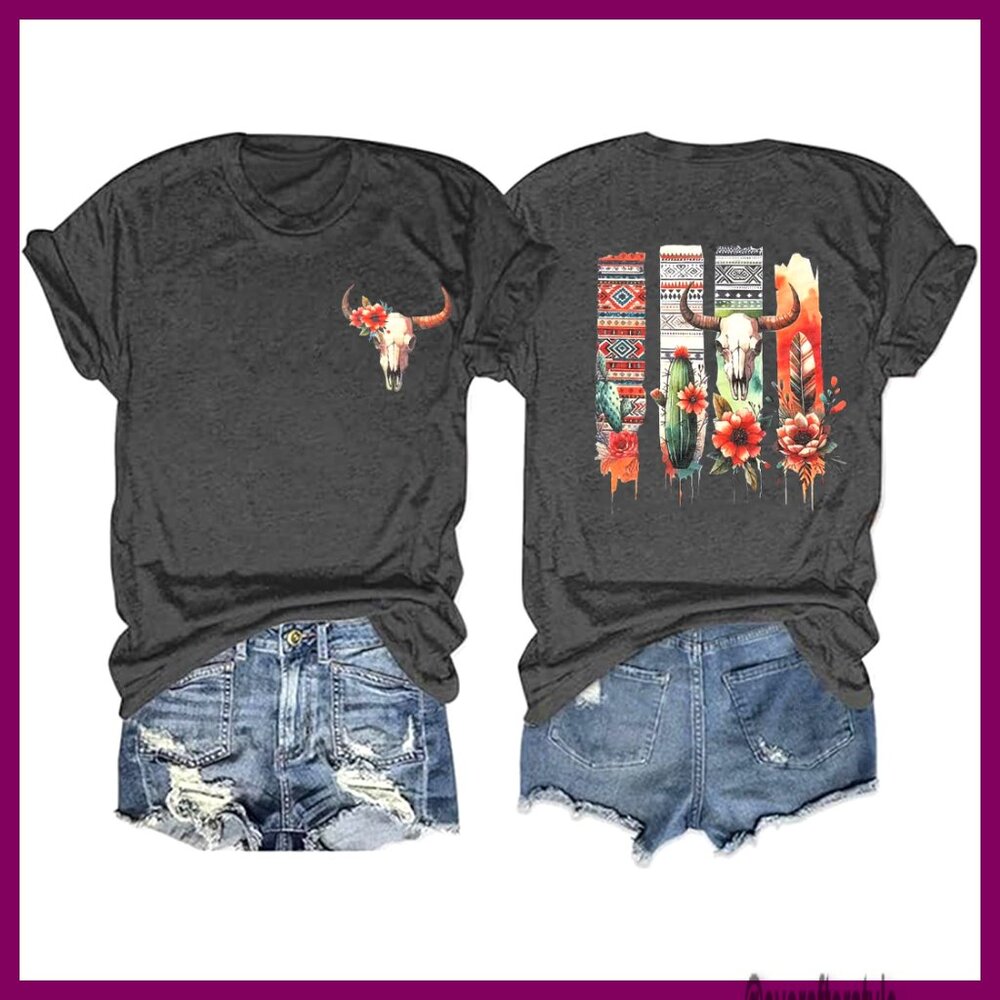 Vintage Western Graphic Tee Retro Cowgirl T-Shirt Casual Short Sleeve Top